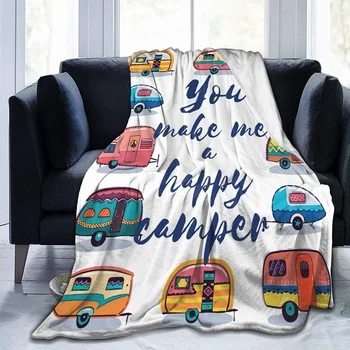 Happy Camper Меко Пледовое Одеяло Всесезонное Микроплюшевое Топло Одеяло S Леко Ворсистое Пушистое Фланелевое Флисовое Пледовое одеяло