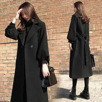 Вълна палто дамско есенно-зимния дълго корейското палто на големи размери дължина до коляното, свободно вълна палто с подплата