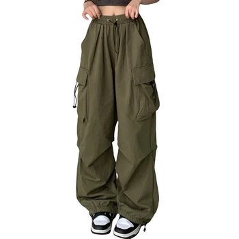 Дамски Свободни Панталони-карго, Обикновена Модерни Ежедневни Панталони със Странични Джобове на съвсем малък и висока Талия
