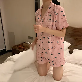 жена розово пижамный комплект с къси ръкави, корейски летен комплект с доста къси панталони с персиковым принтом, пижами, студентски домашно облекло, с маска за очи
