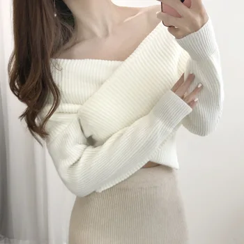 Зимен и пролетен женски вълнен пуловер 2022 година с V-образно деколте на гърба, секси Пуловер с открити рамене, Вязаный корейски Елегантен Женски Пуловер