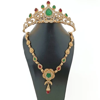 Новият Марокански Сватба Бижута Набор От Сватбената Корона На Арабското Дамско Колие Алжирския Женски Накити За Косата Червен, Зелен Медальон