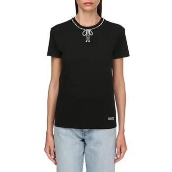 Однотонная тениска 2021, летни комплекти, нова кръгла яка, лък, цепене, темперамент, пригородная жена, с къси ръкави