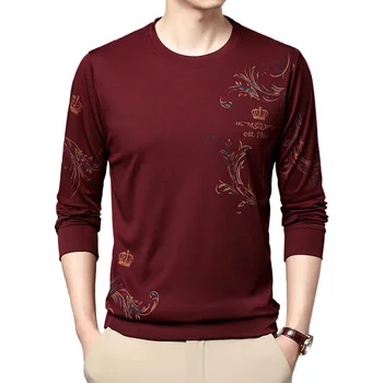 Пролетно-есенни нови мъжки тениски с кръгло деколте, риза с принтом от ледената коприна с дълги ръкави, мъжки долна риза, тениска, модни и ежедневни тениска, топ