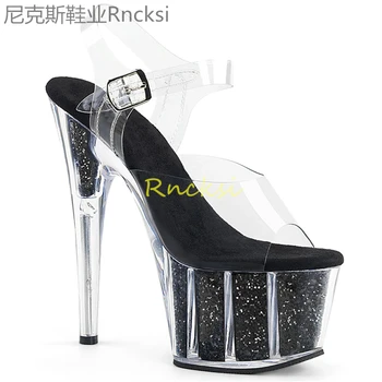 сандали на висок ток, 17 см, женски летни прозрачни модни обувки с кристали на тънките токчета и много висок ток.